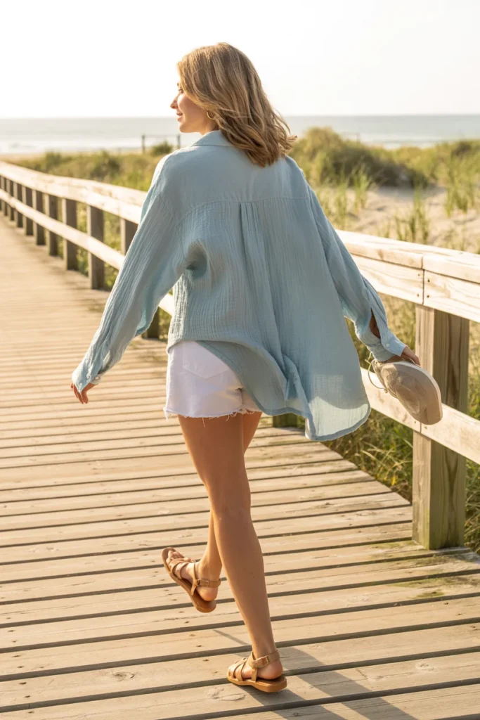 Soft blue button-up outfit