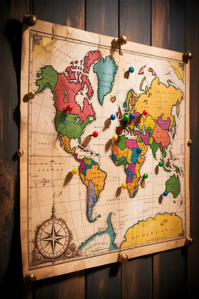 Vintage-Style World Map with Push Pins