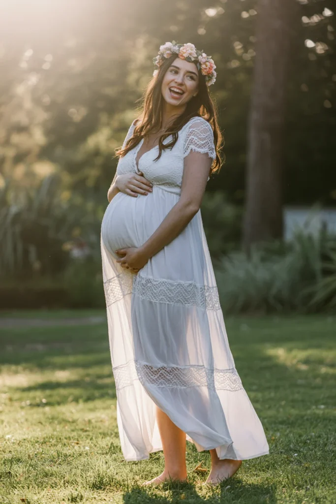 White maternity gender reveal dress