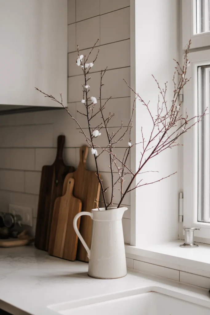 White pitcher winter branch display