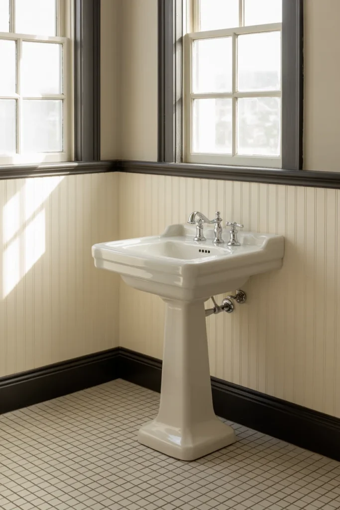 Beadboard bathroom with black trim