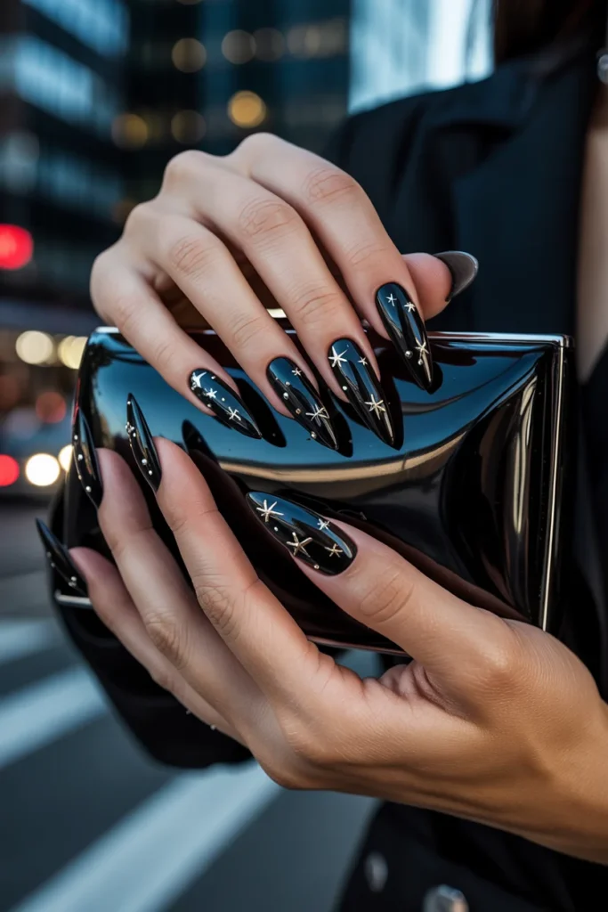 Black silver star nails