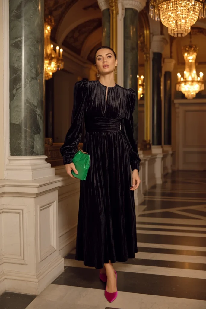 Black velvet dress winter wedding