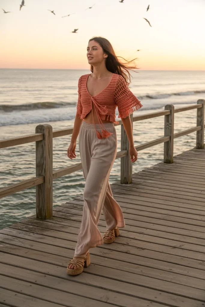 Boho tie-front crochet top