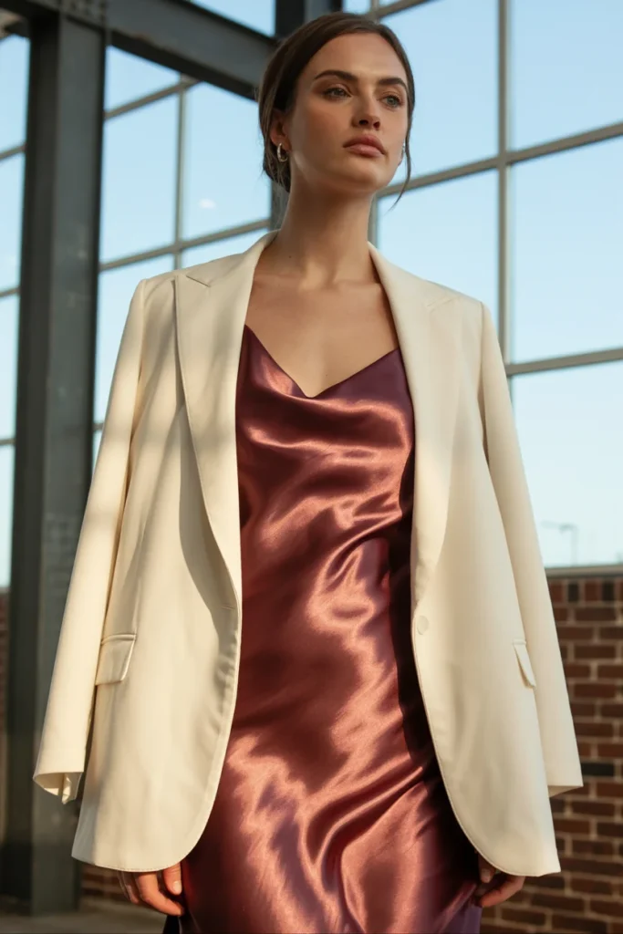 Burgundy satin wedding guest outfit