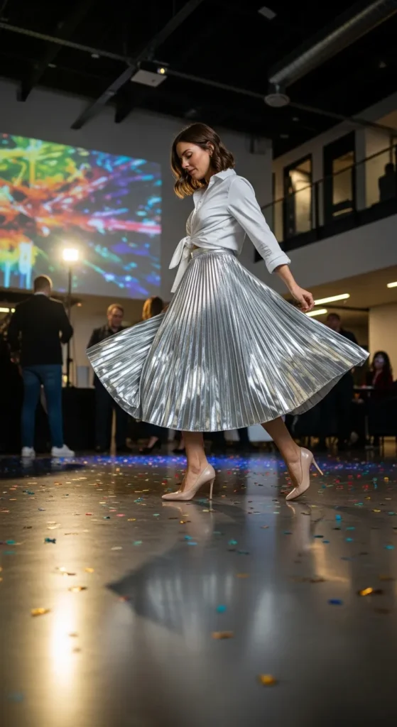 Business holiday party outfit ideas - metallic pleated skirt