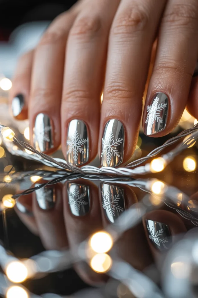 Chrome silver snowflake nails