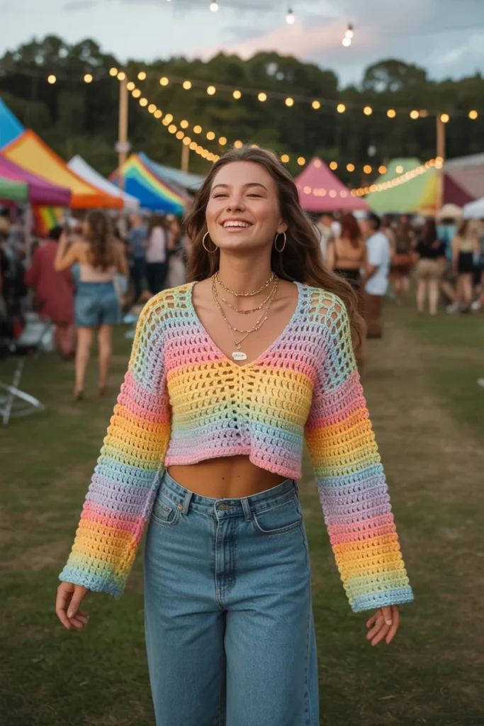 Cropped crochet sweater women
