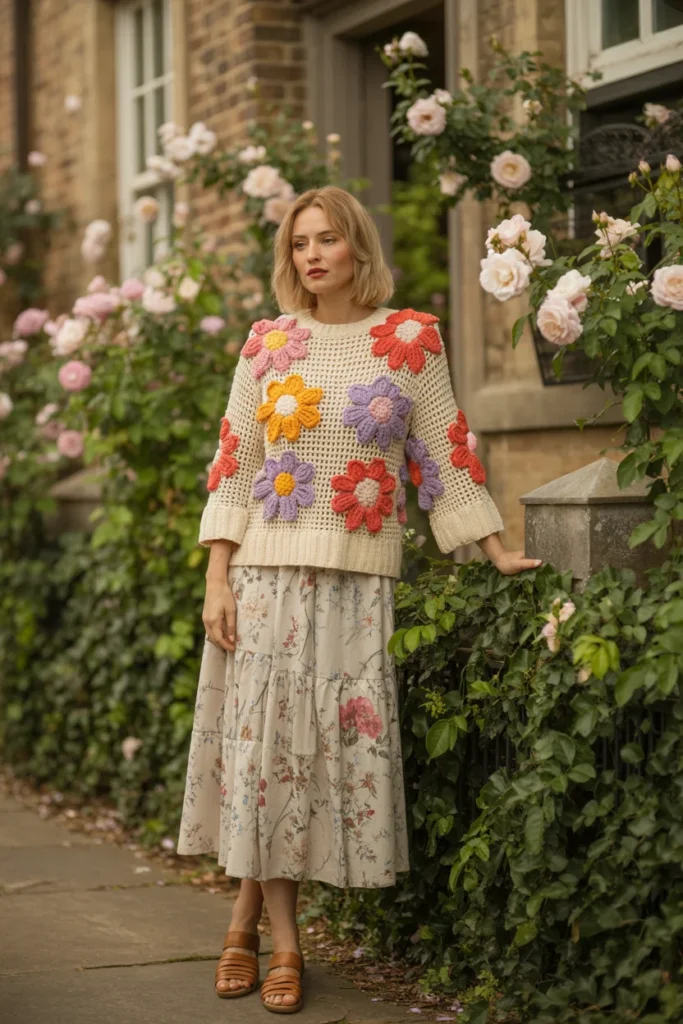 Floral crochet sweater women