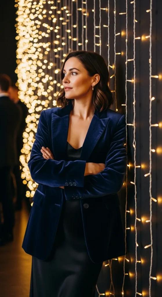 Holiday party outfit with velvet blazer