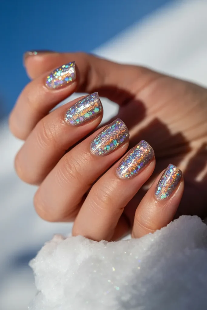 Holographic winter nail art