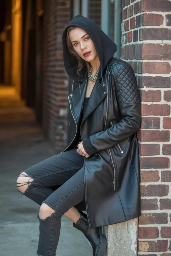 Hooded leather coat