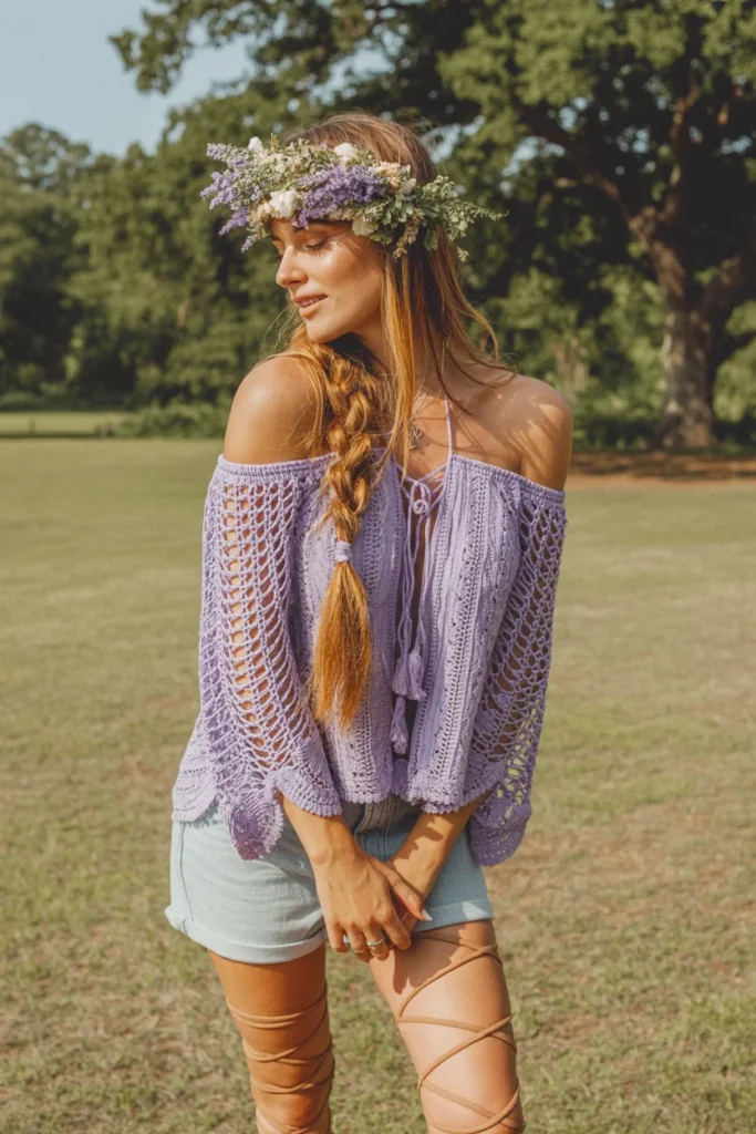Lavender crochet peasant top