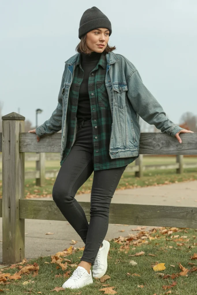 Layered February denim outfit