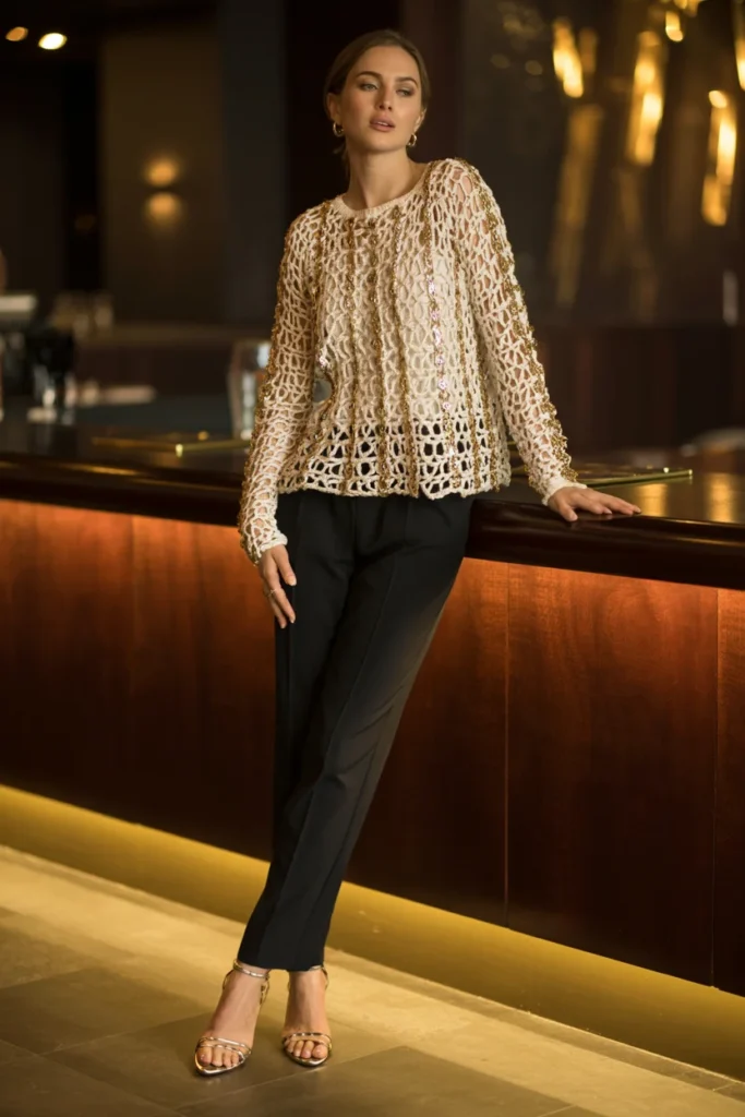Metallic crochet pullover ladies
