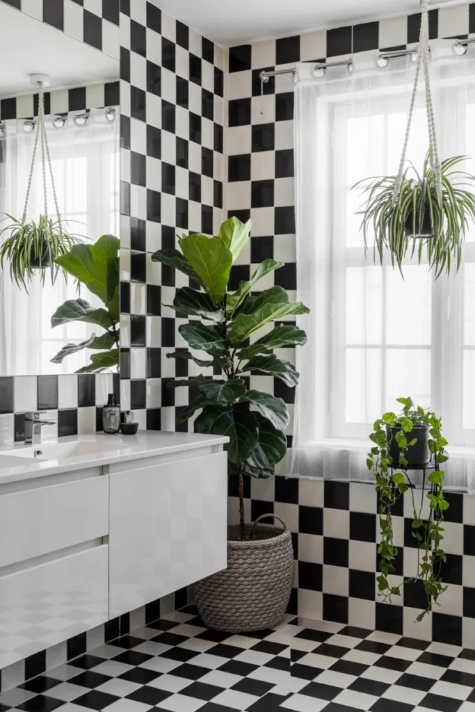 Monochrome bathroom with plants