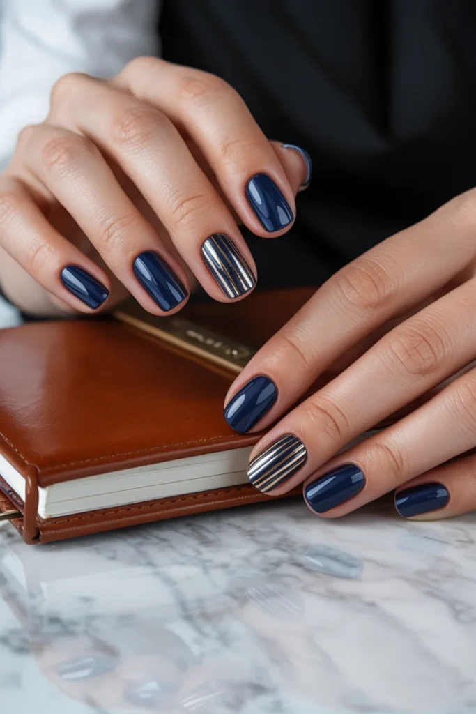 Navy gold winter nails