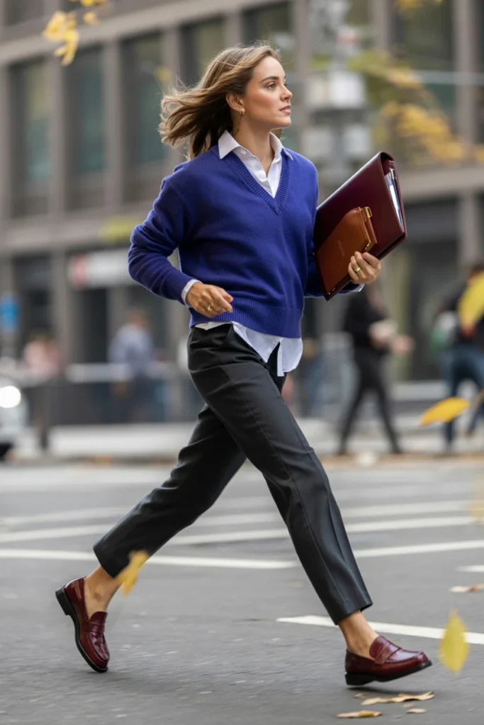 Navy sweater layered elegant outfit