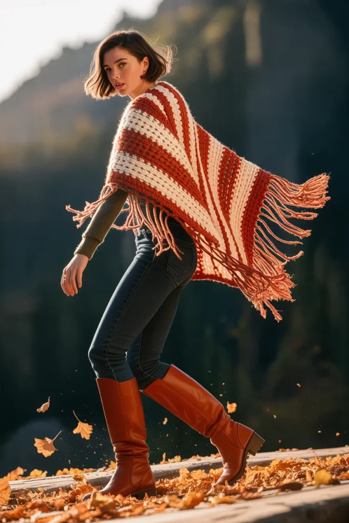 Open-knit crochet poncho fringe