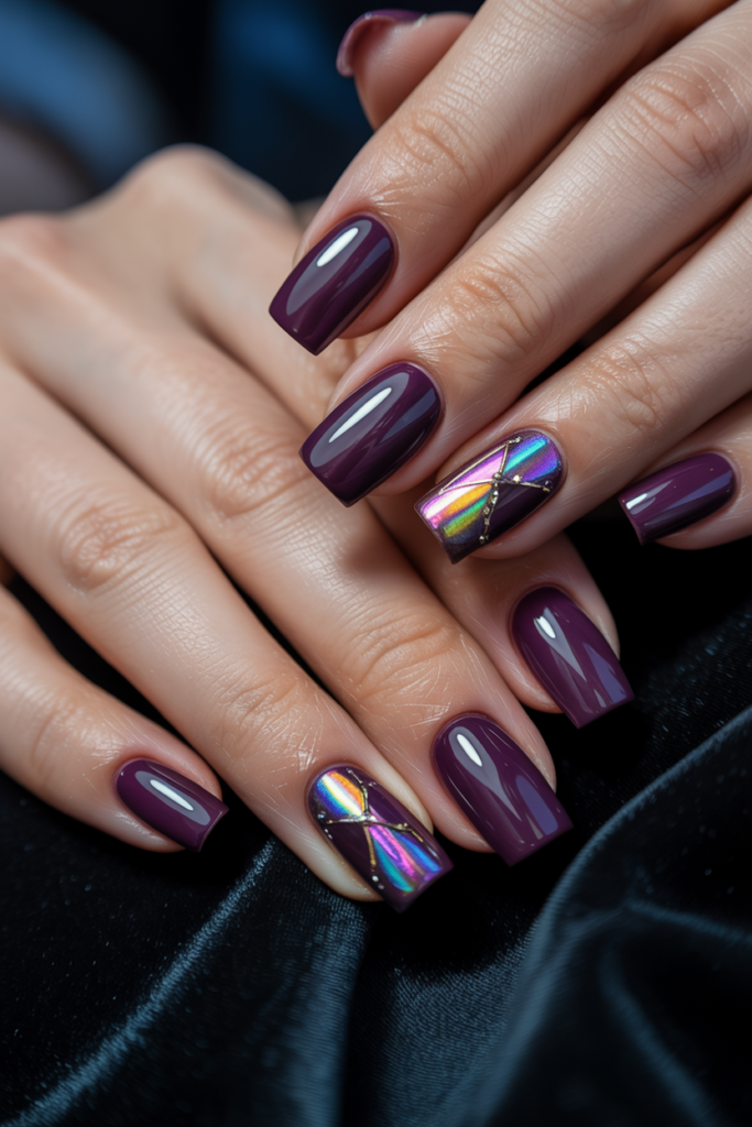 Plum holographic gel nails