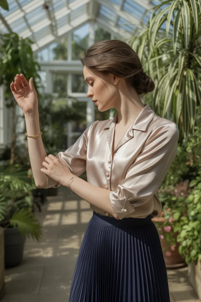 Silk blouse midi skirt sophisticated