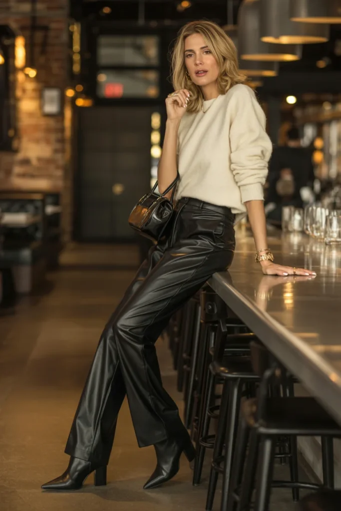 Trendy brunch outfit leather pants
