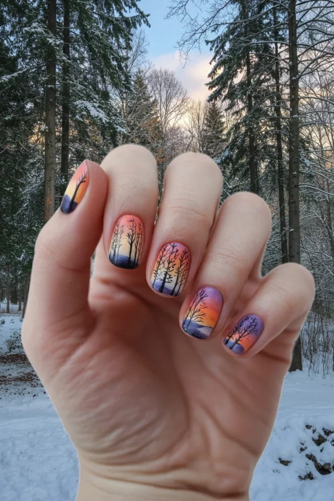 Winter forest scene nails