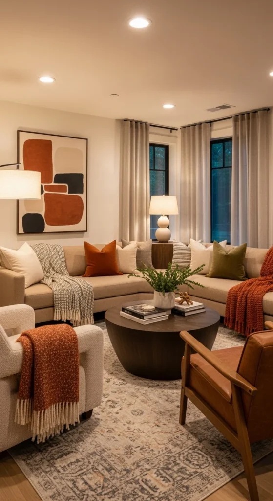 Angled furniture arrangement living room