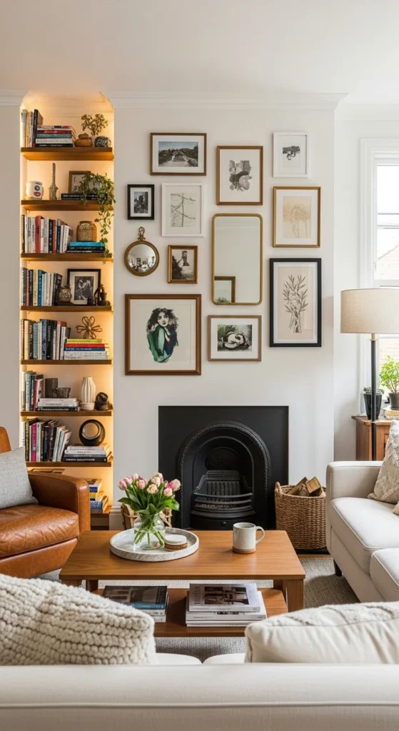 Asymmetrical fireplace living room decor