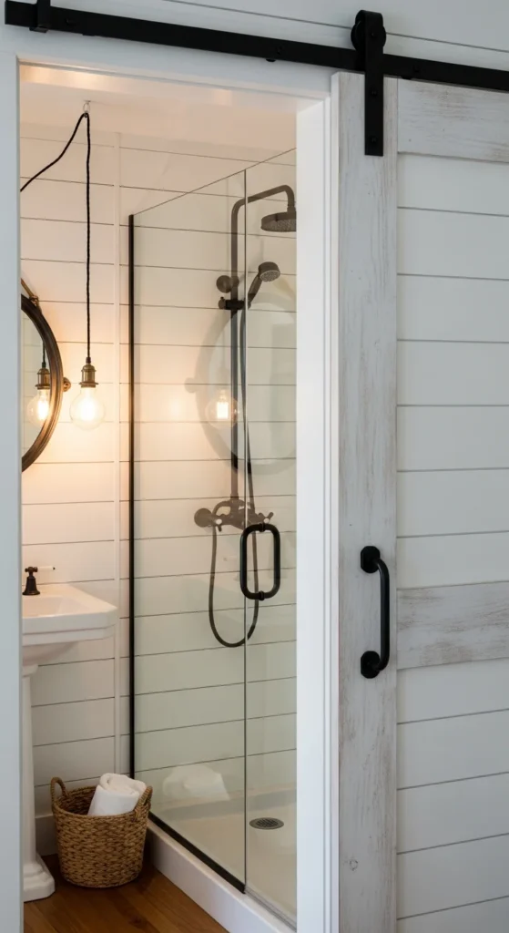 Barn door small bathroom shower
