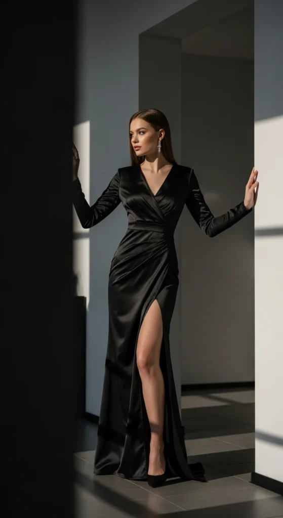 Black satin long sleeve dress