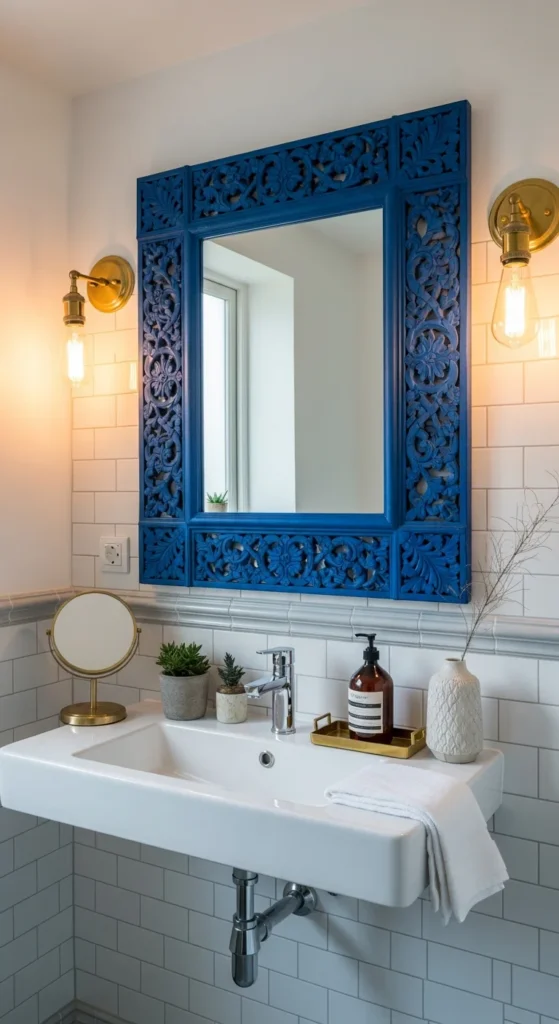 Blue bathroom mirror frame