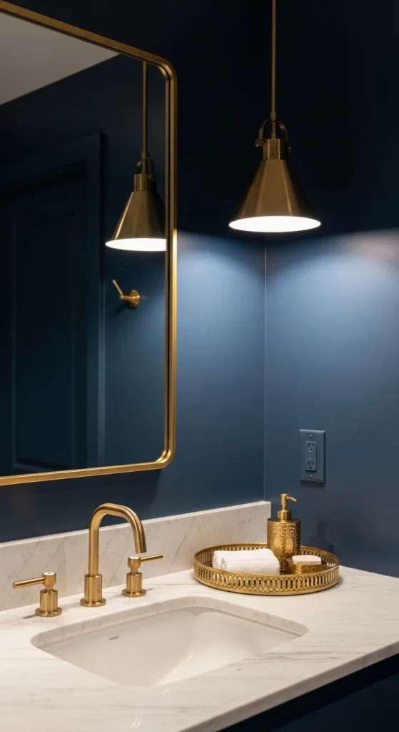 Blue gold bathroom decor