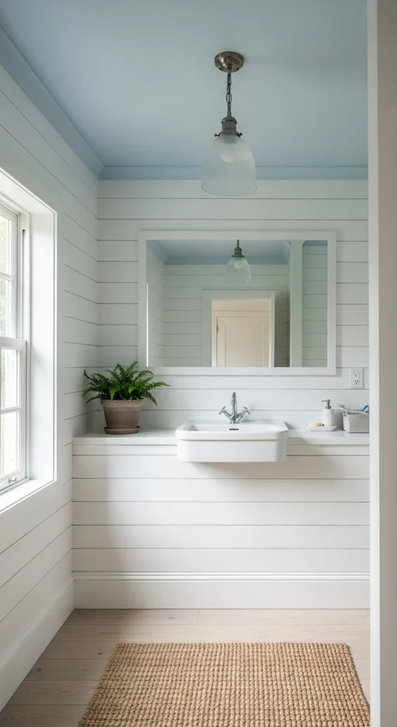 Blue painted bathroom ceiling
