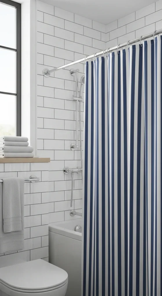 Blue white striped shower curtain