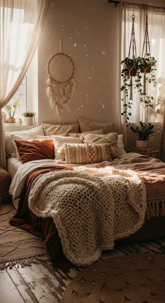 Bohemian bedding ideas layered