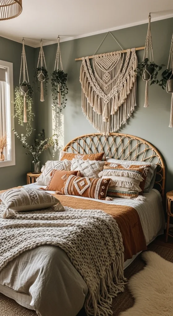 Bohemian sage green bedroom