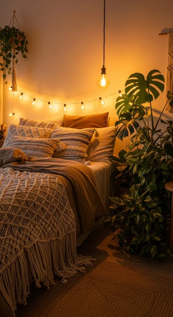 Boho bedroom string lights
