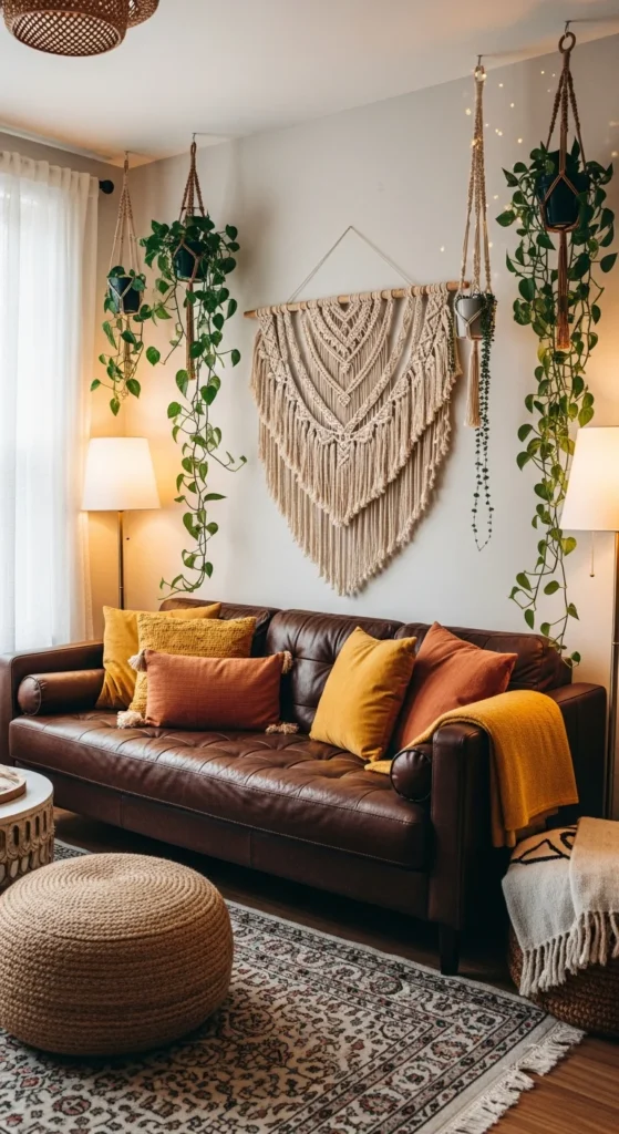Boho brown couch styling