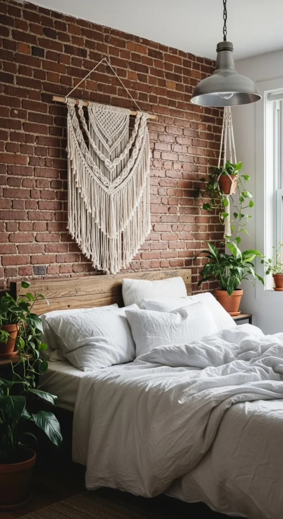 Boho exposed brick bedroom