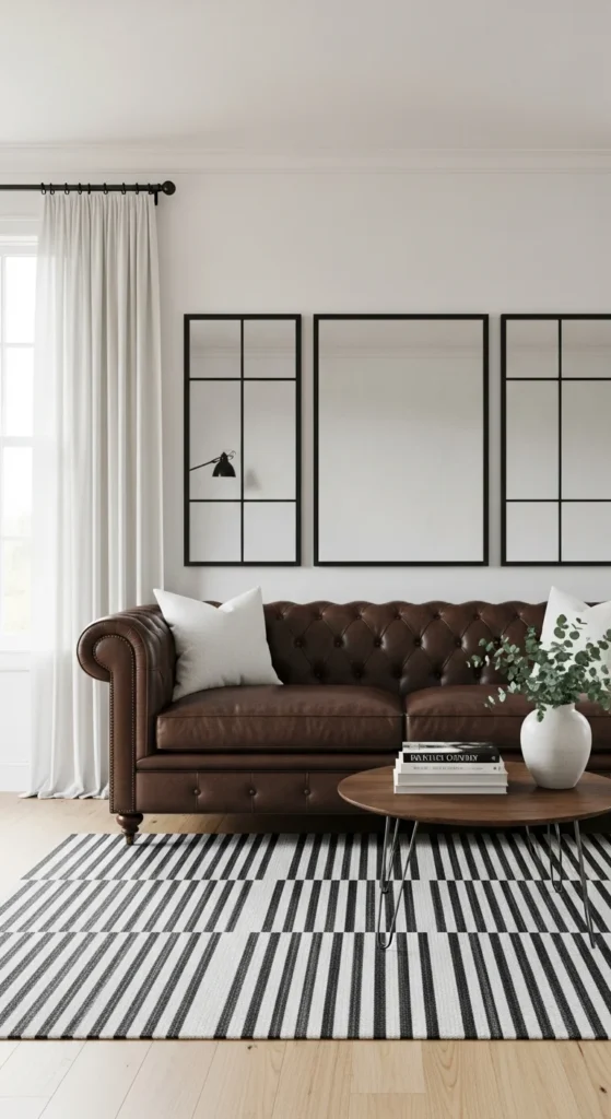 Brown couch black white decor