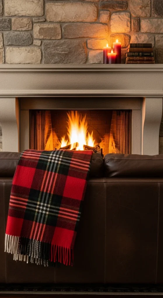Brown couch fireplace setup