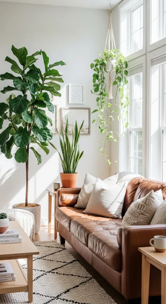 Brown couch large plants