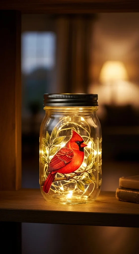 Cardinal mason jar memorial light