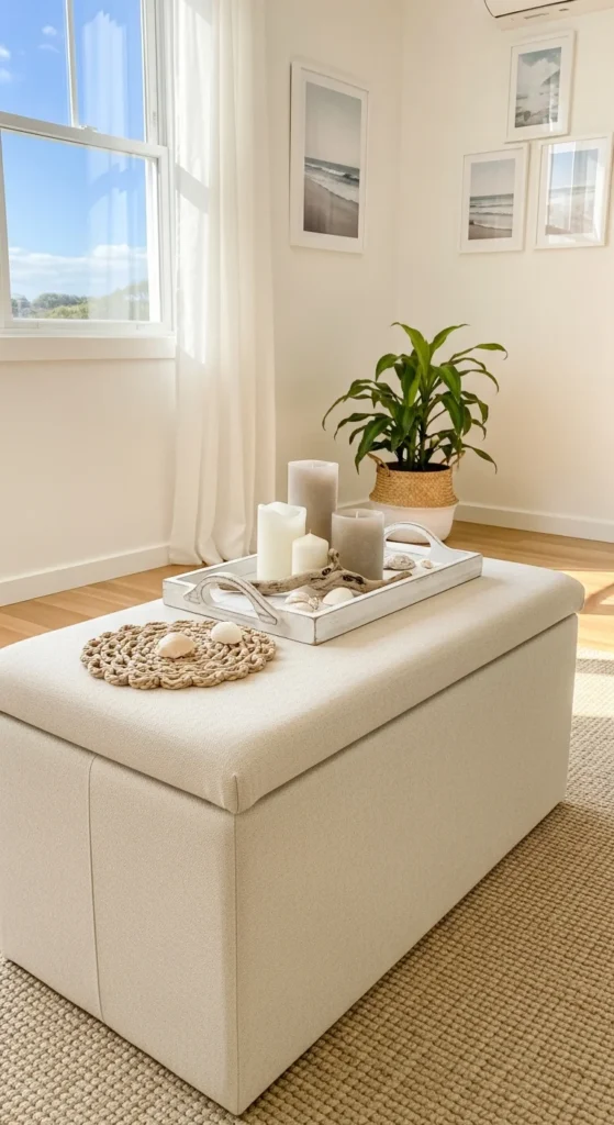 Coastal upholstered storage bench