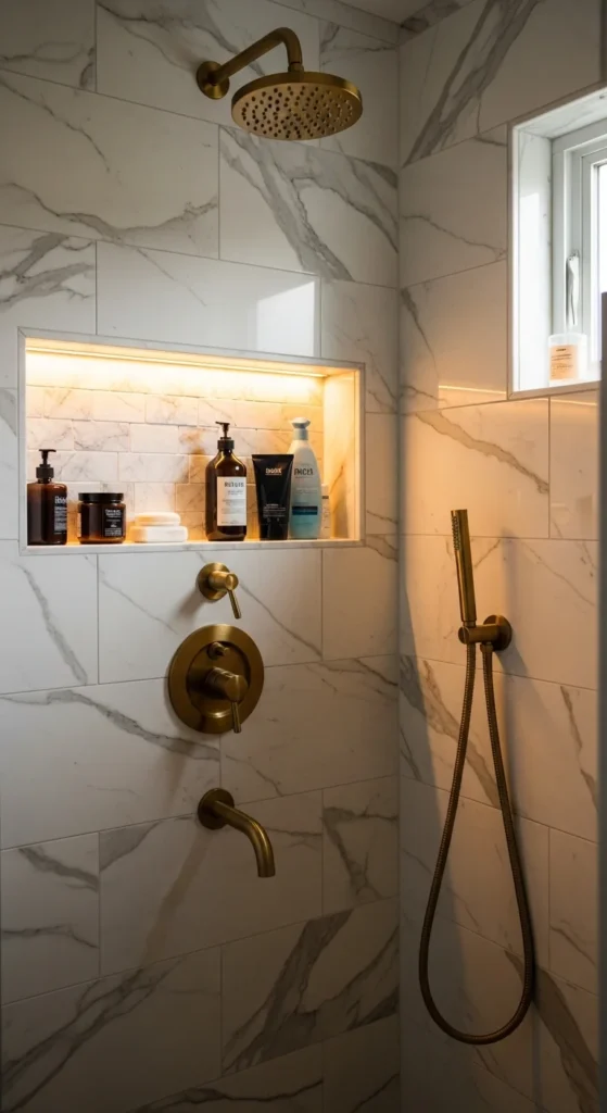 Corner shower small bathroom niche