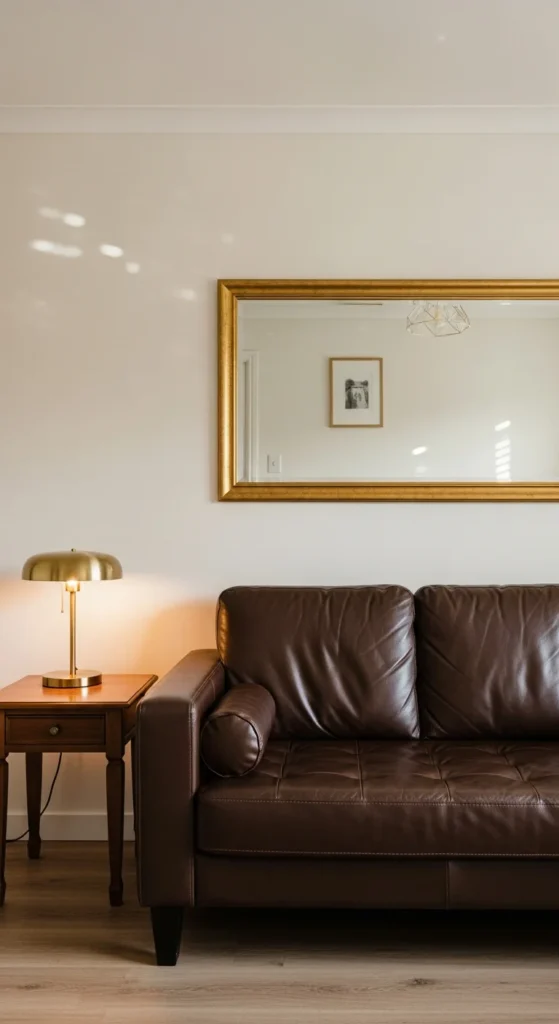 Dark brown couch cream walls