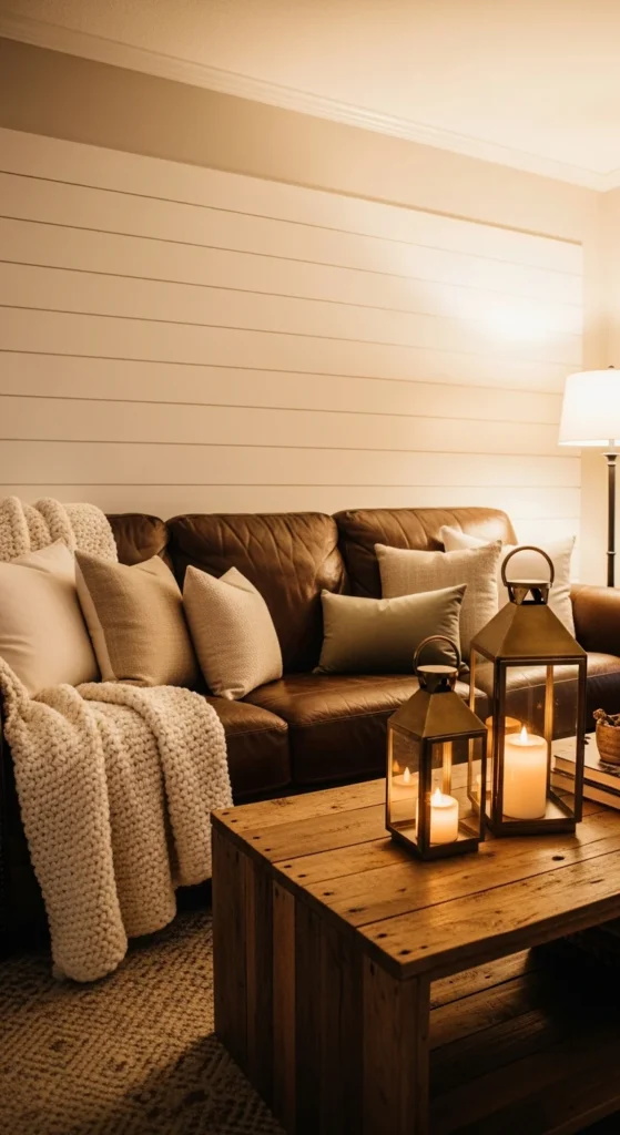 Farmhouse brown couch shiplap