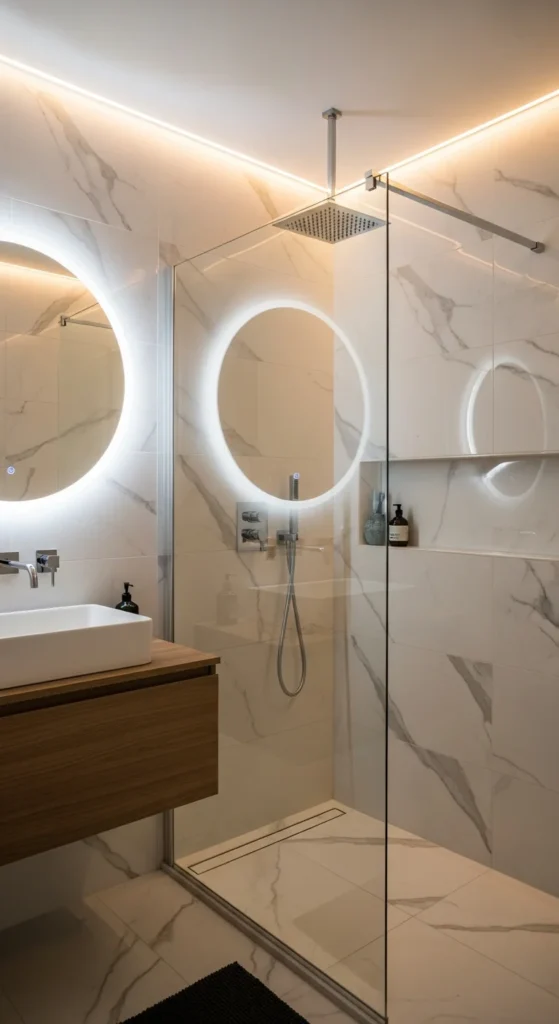 Frameless glass shower small bathroom