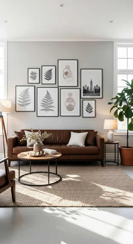 Gallery wall brown couch